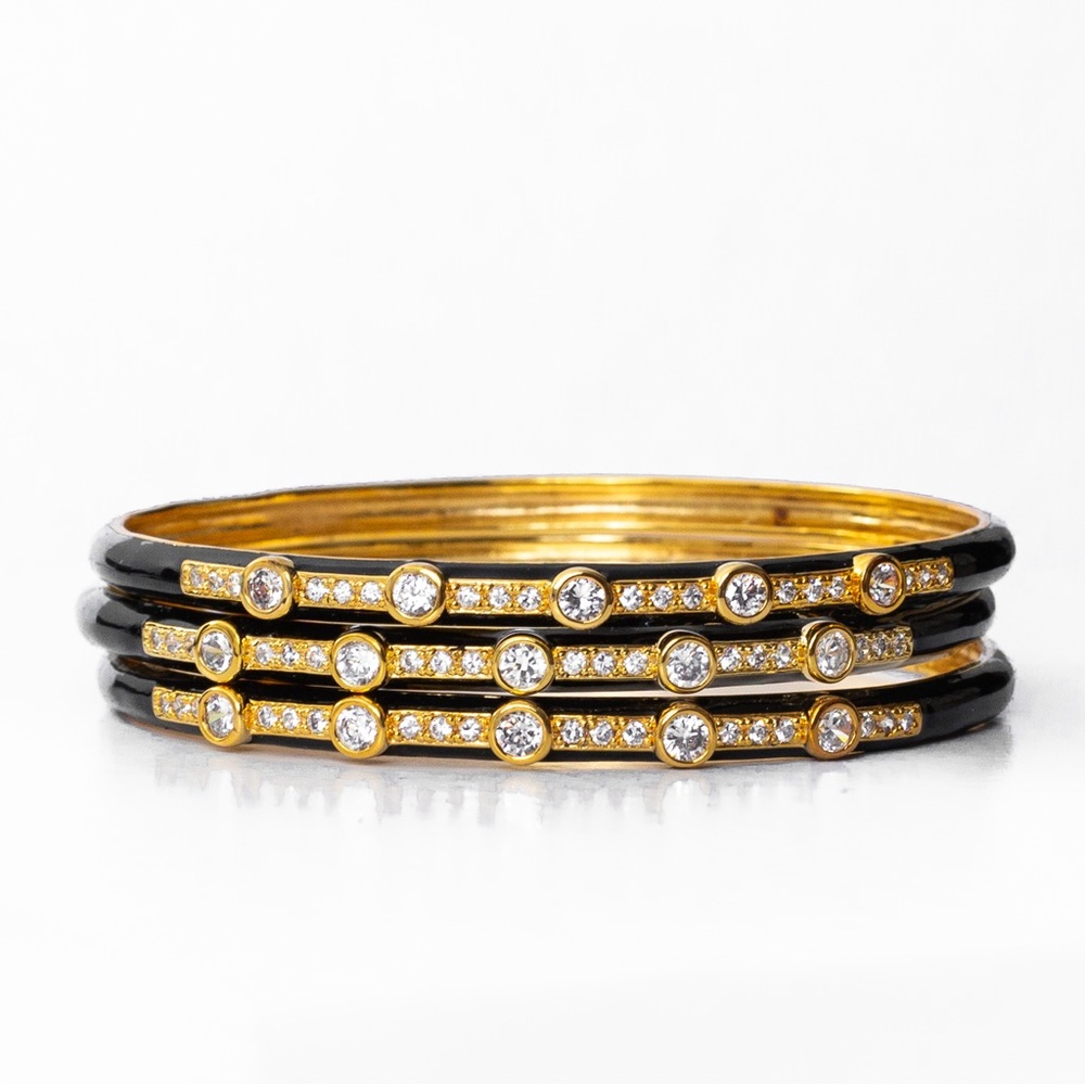 Bangle bracelets set of 3 black with CZs & gold look